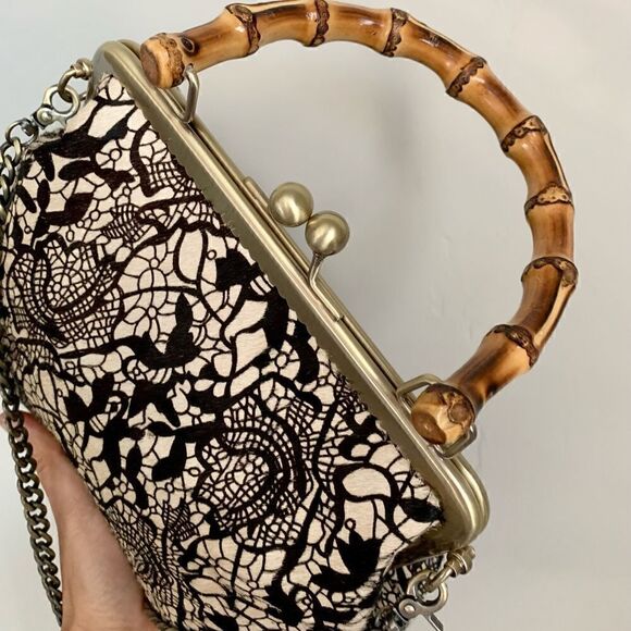 Handmade Real hair-on-horsehide Black Lace Printed Metal Frame Bamboo Handle Bag - Picture 12 of 16